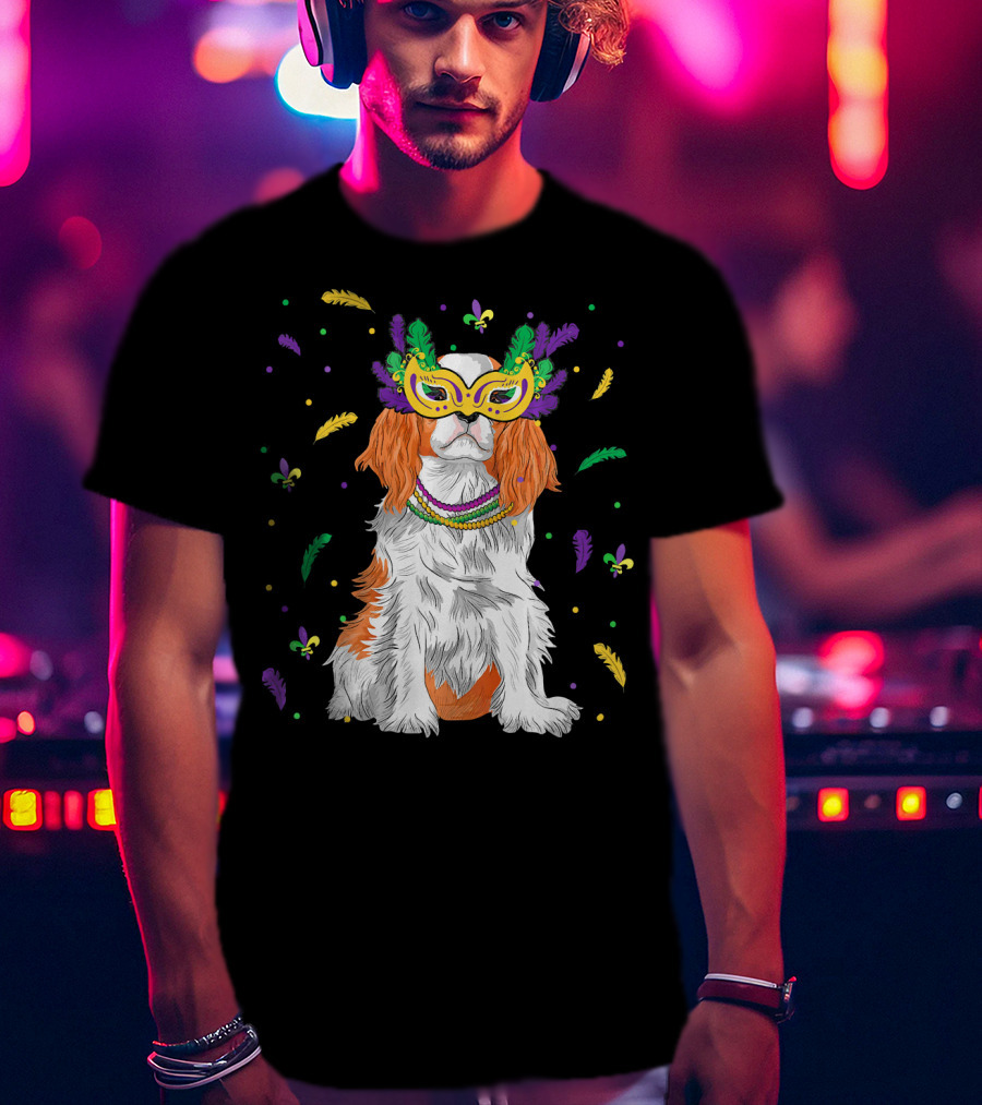 Cavalier King Charles Spaniel Mardi Gras Mask Beads Feathers Fleur-de-lis T-Shirt