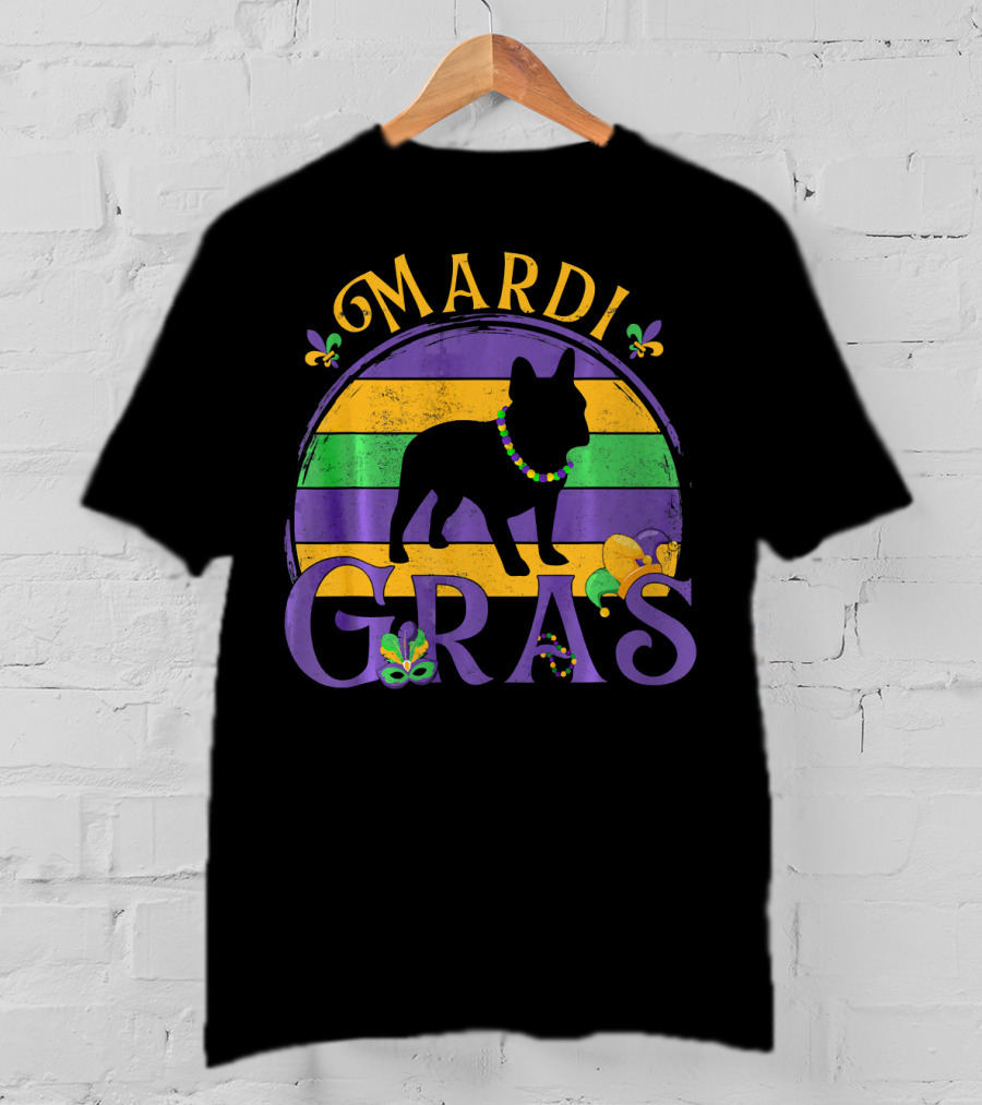 Mardi Gras French Bulldog Beads Festive Celebration Fleur-de-Lis T-Shirt