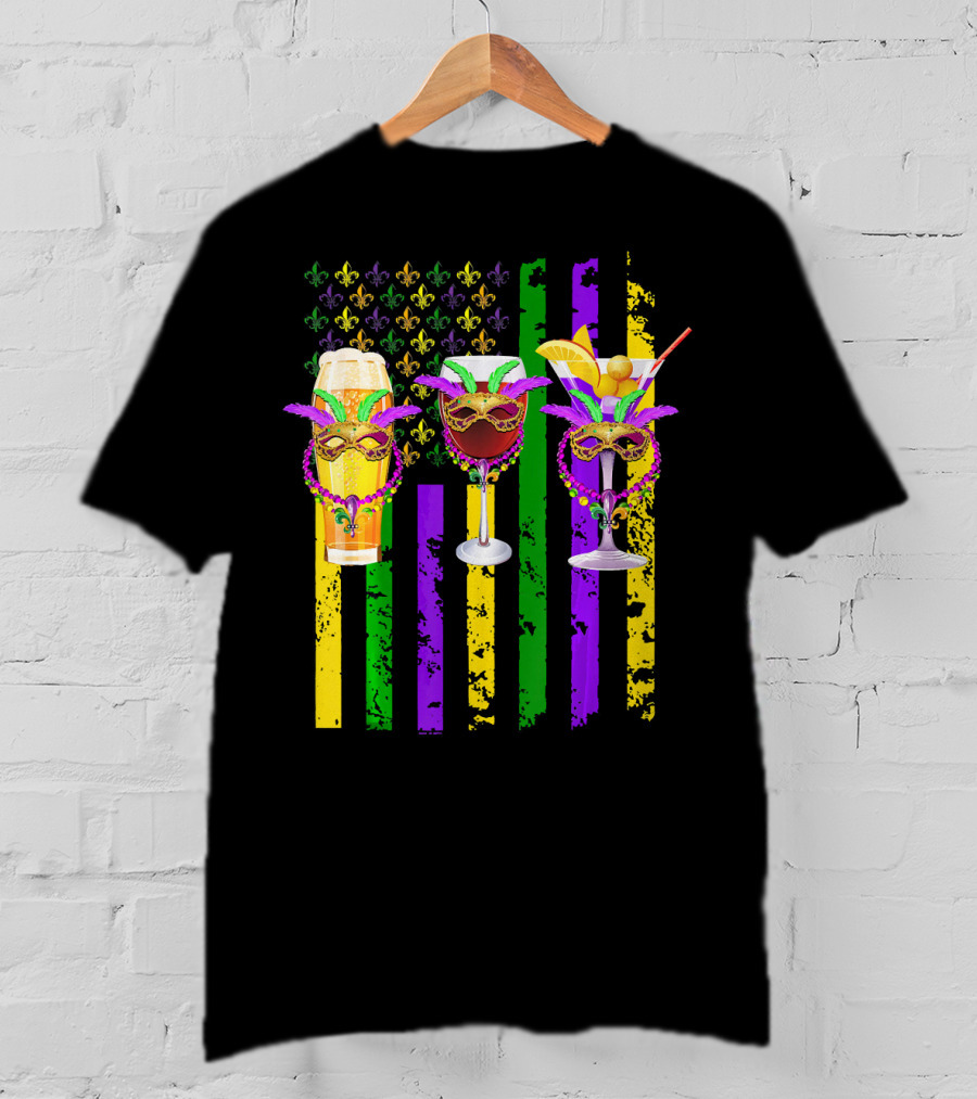 Beer Wine Cocktails With Masks And Beads Fleur-de-Lis Mardi Gras Colors T-Shirt