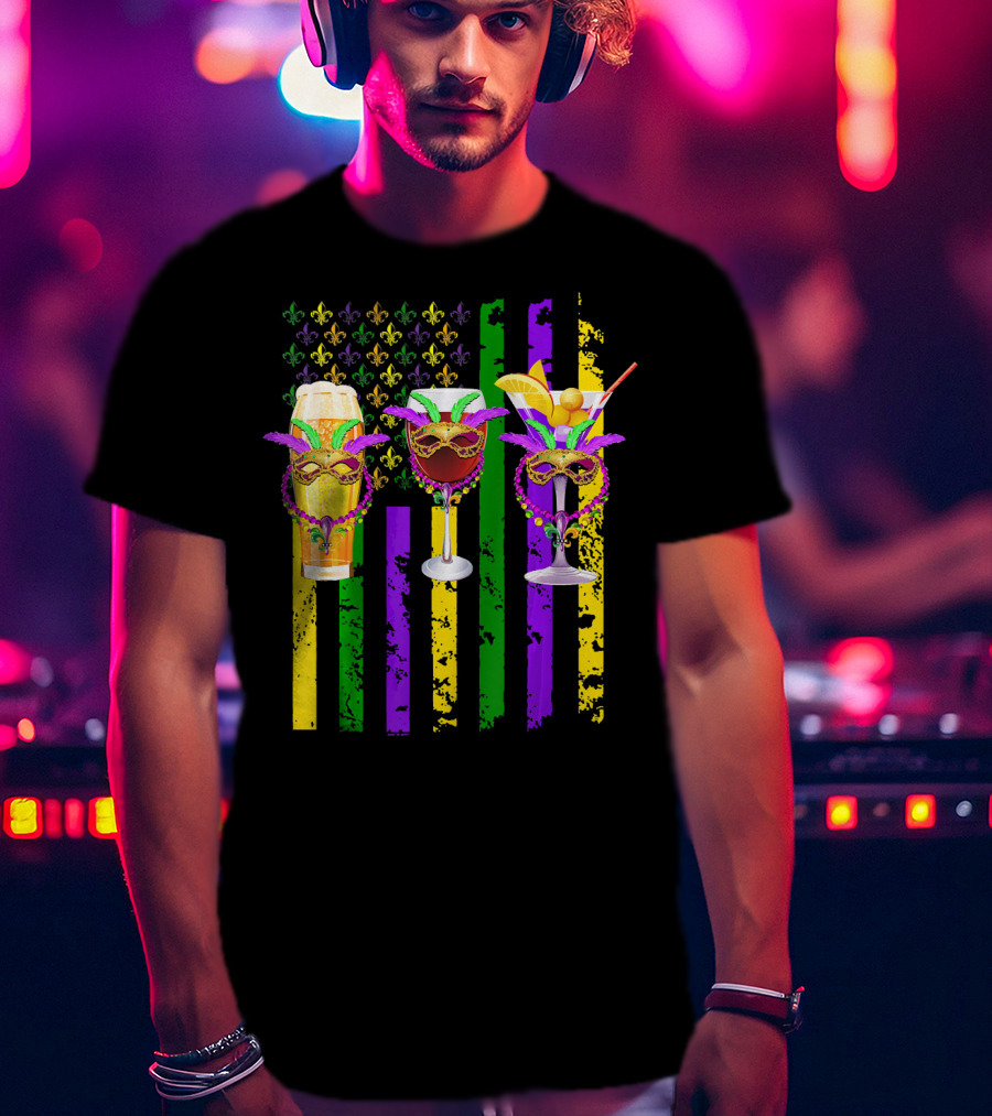 Beer Wine Cocktails With Masks And Beads Fleur-de-Lis Mardi Gras Colors T-Shirt