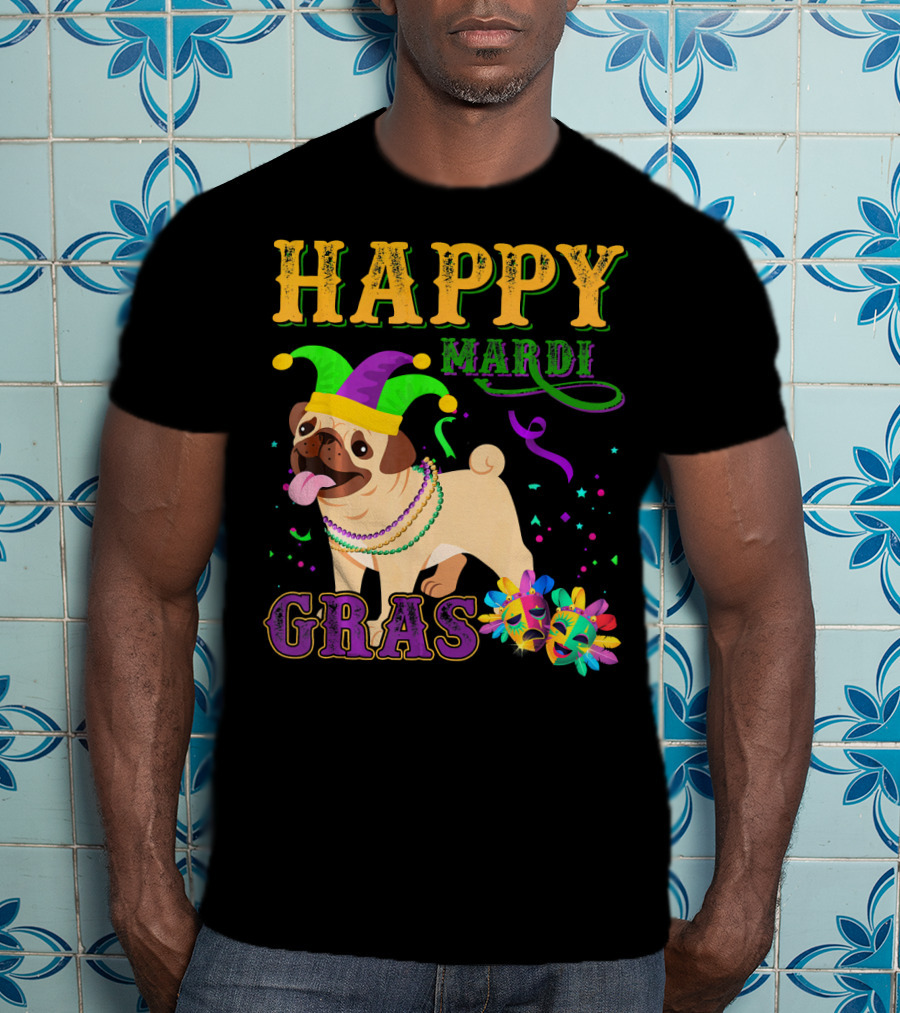 Happy Mardi Gras Pug Dog Costume Party T-Shirt