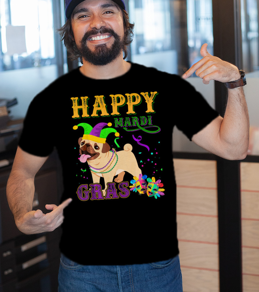 Happy Mardi Gras Pug Dog Costume Party T-Shirt