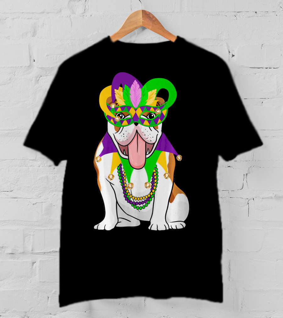 Mardi Gras English Bulldog Mask Beads Costume T-Shirt