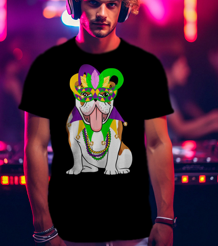 Mardi Gras English Bulldog Mask Beads Costume T-Shirt