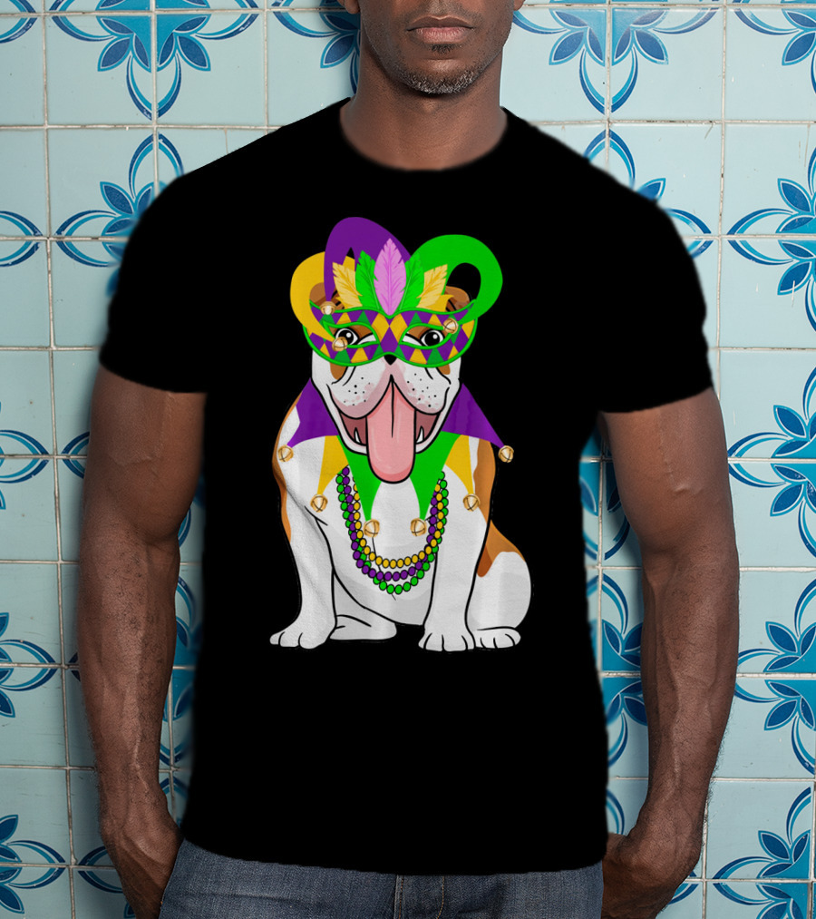 Mardi Gras English Bulldog Mask Beads Costume T-Shirt