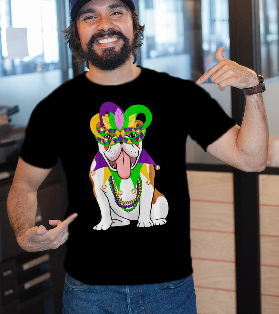 Mardi Gras English Bulldog Mask Beads Costume T-Shirt