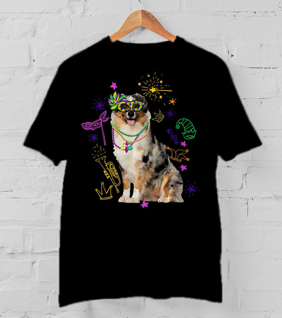 Australian Shepherd Dog With Mardi Gras Beads And Mask T-Shirt