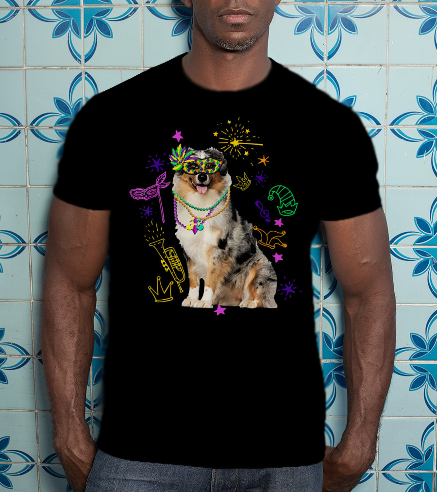 Australian Shepherd Dog With Mardi Gras Beads And Mask T-Shirt