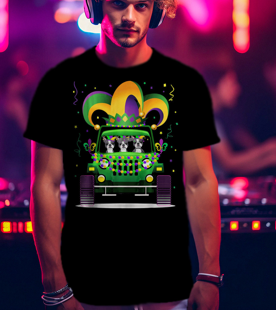 Boston Terrier Jeep Mardi Gras Festive T-Shirt