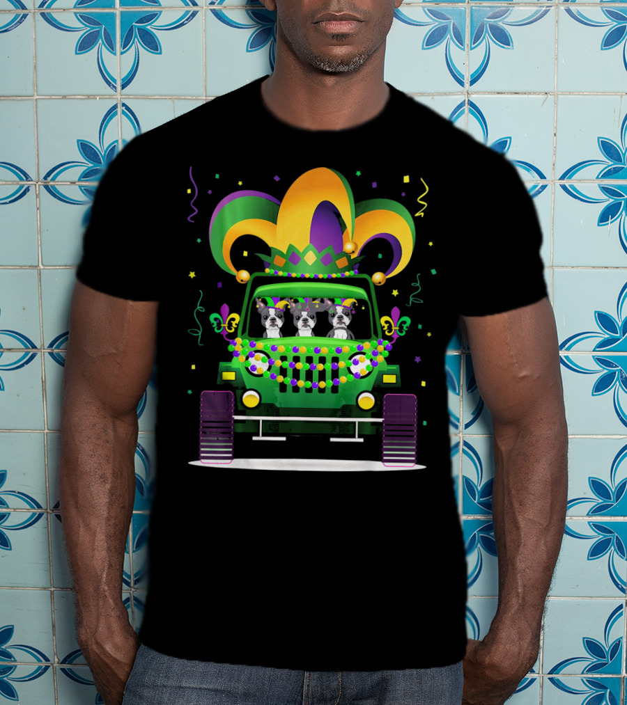 Boston Terrier Jeep Mardi Gras Festive T-Shirt