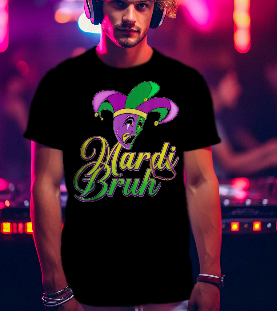 Mardi Bruh Jester Mask And Beads Mens Mardi Gras Funny Coupl T-Shirt