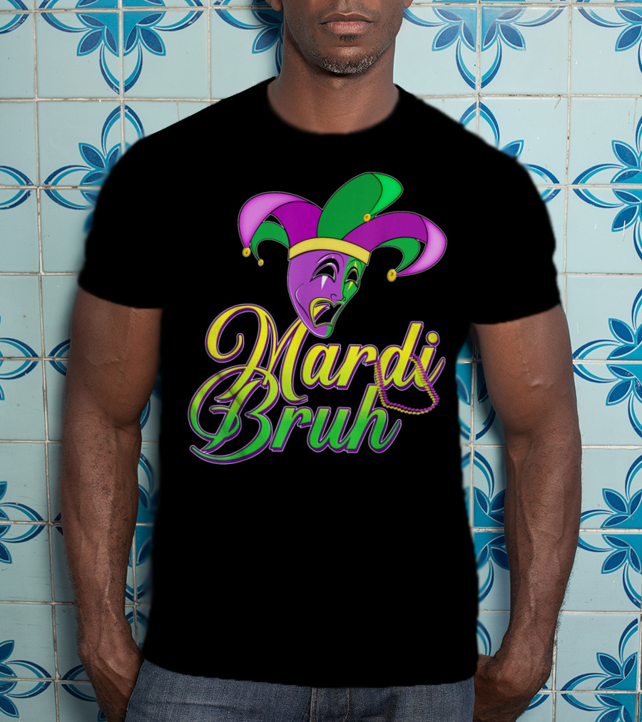 Mardi Bruh Jester Mask And Beads Mens Mardi Gras Funny Coupl T-Shirt