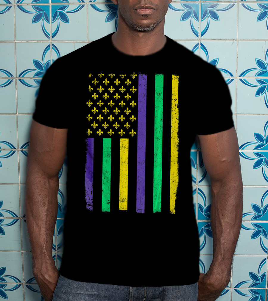 American Flag Mardi Gras Fleur De Lis Stripes T-Shirt