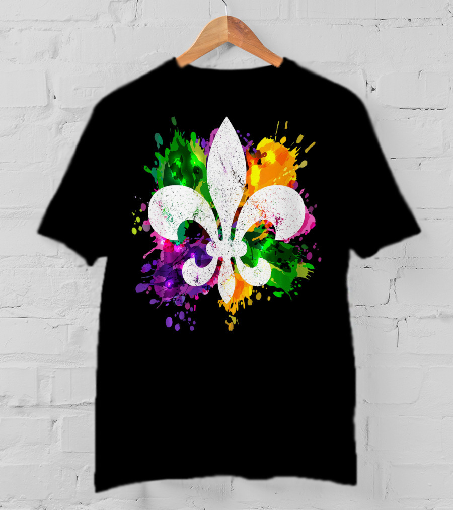 Mardi Gras Fleur De Lis Colorful Splatter Background T-Shirt