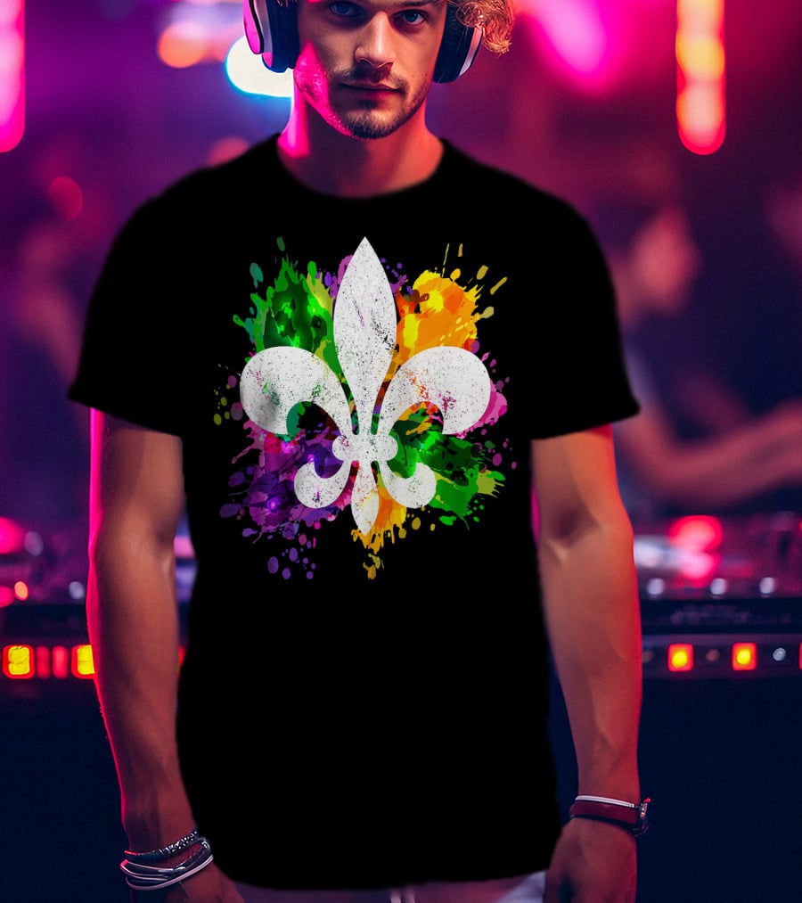 Mardi Gras Fleur De Lis Colorful Splatter Background T-Shirt