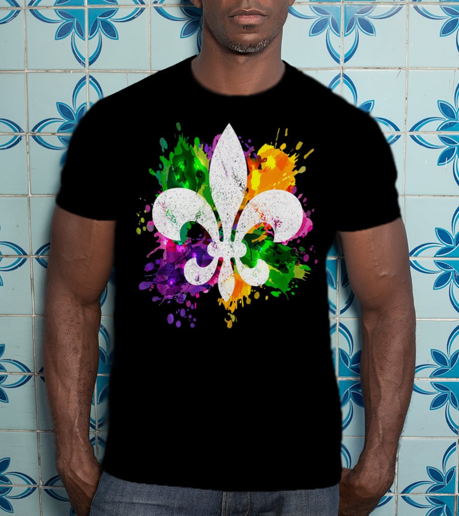 Mardi Gras Fleur De Lis Colorful Splatter Background T-Shirt