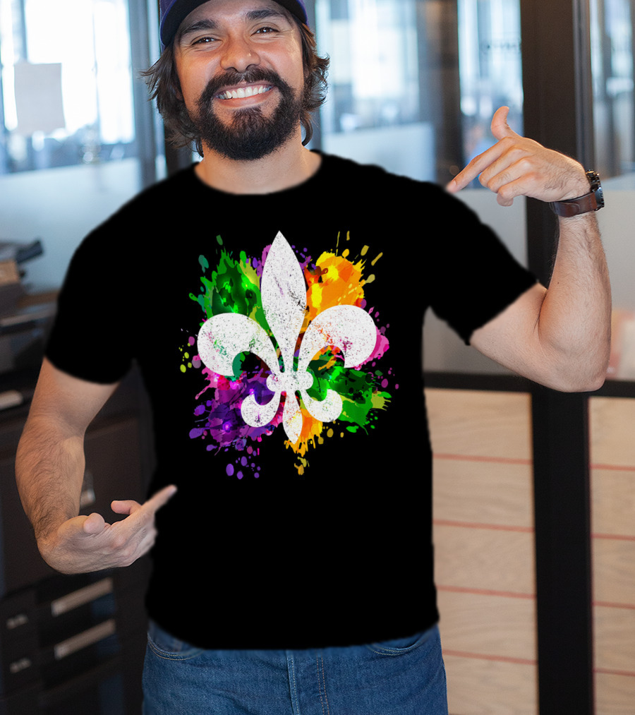 Mardi Gras Fleur De Lis Colorful Splatter Background T-Shirt