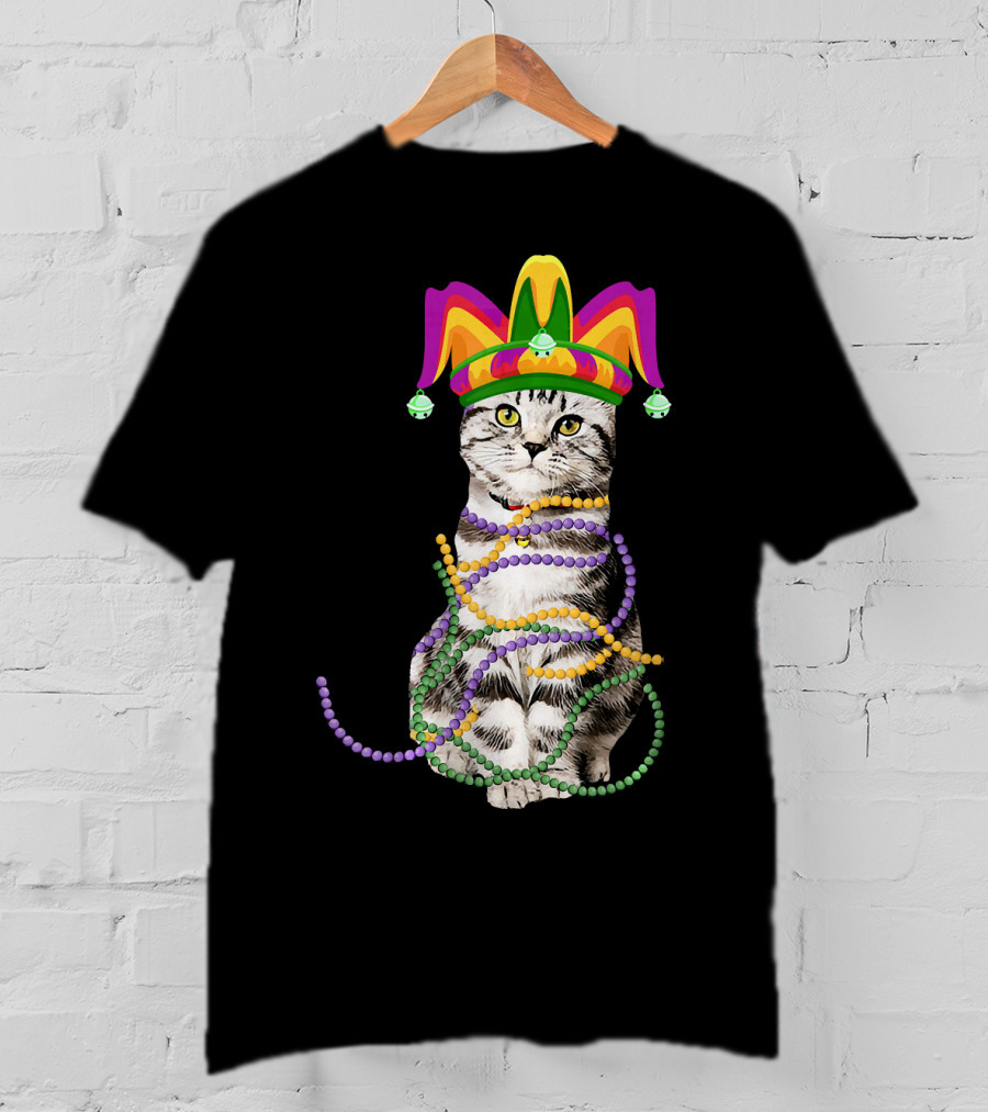 Mardi Gras Cat With Jester Hat And Beads Costume Kitte T-Shirt