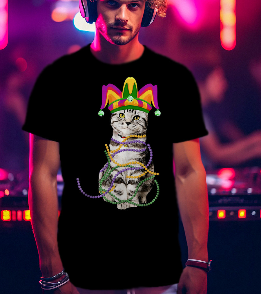 Mardi Gras Cat With Jester Hat And Beads Costume Kitte T-Shirt