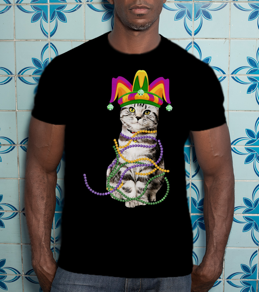Mardi Gras Cat With Jester Hat And Beads Costume Kitte T-Shirt