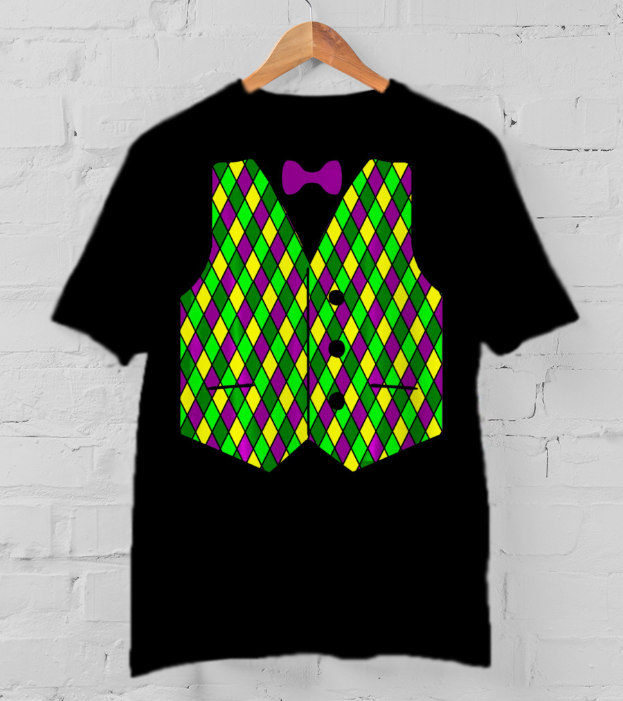 Mardi Gras Vest Harlequin Pattern Diamond Print Bowtie T-Shirt