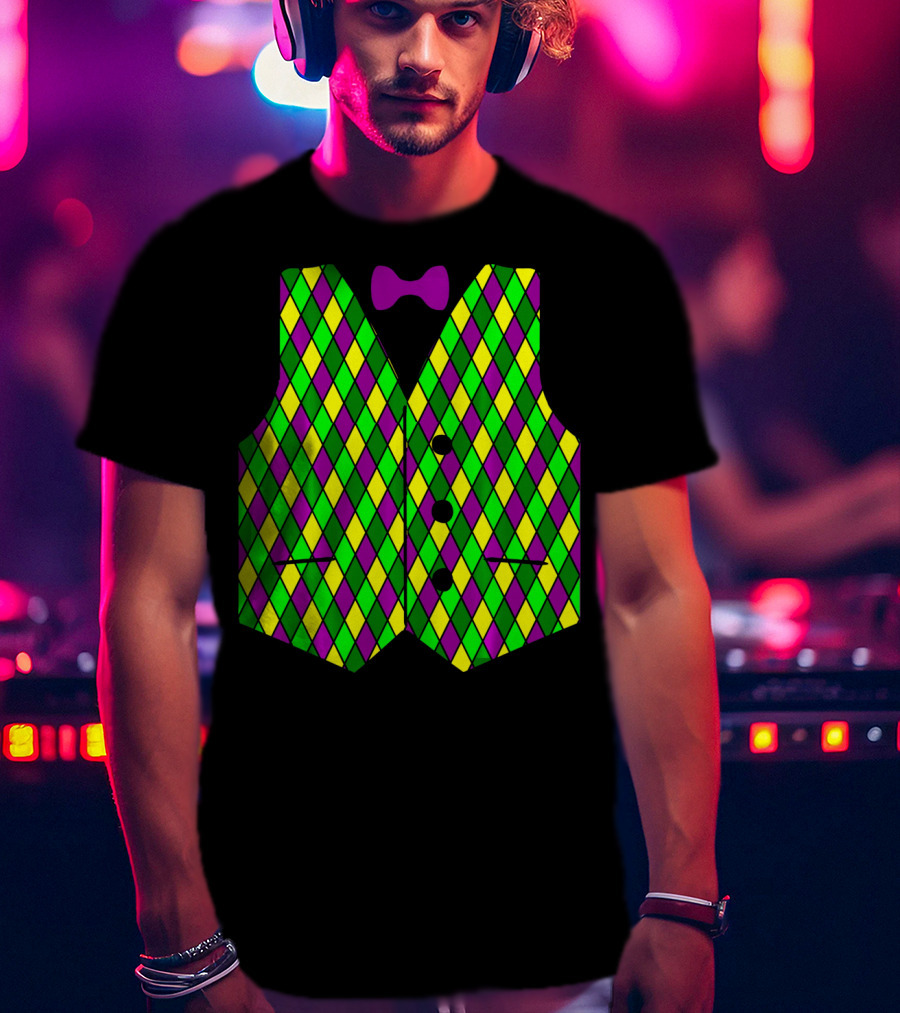 Mardi Gras Vest Harlequin Pattern Diamond Print Bowtie T-Shirt