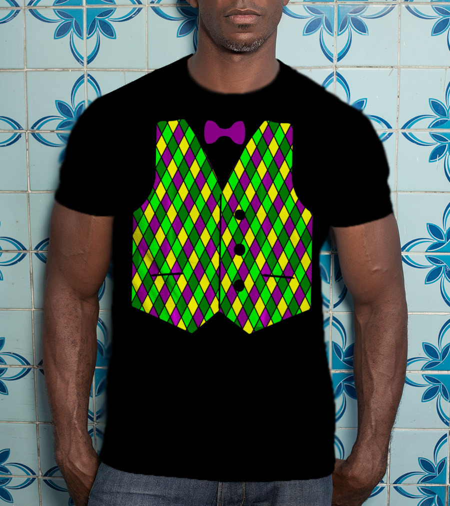 Mardi Gras Vest Harlequin Pattern Diamond Print Bowtie T-Shirt