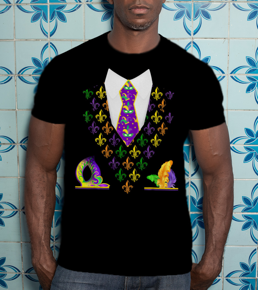 Mardi Gras Vest Costume Funny Vest With Fleur-de-lis And Mask T-Shirt
