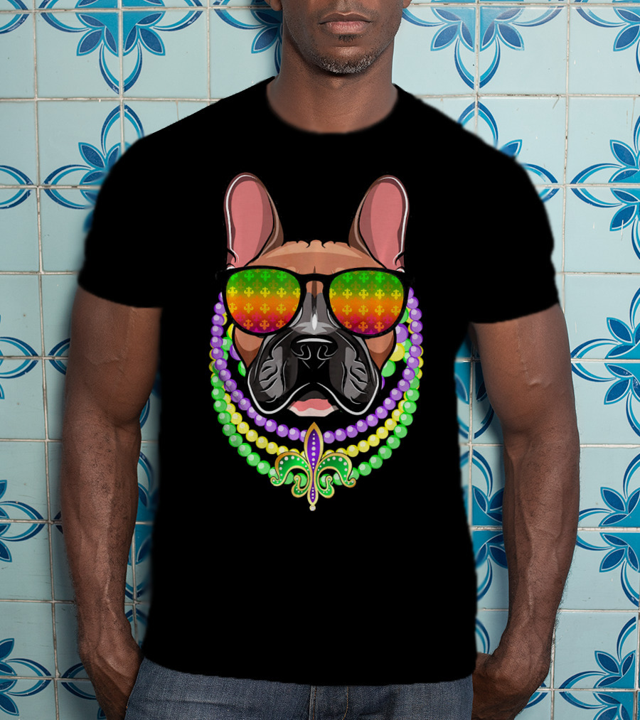 French Bulldog With Beads And Fleur-de-Lis Sunglasses For Mardi Gras T-Shirt