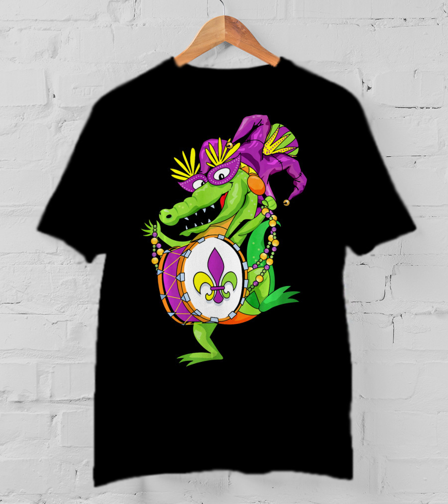 Cute Mardi Gras Alligator Jester Hat Drum Beads Fleur-de-Lis T-Shirt