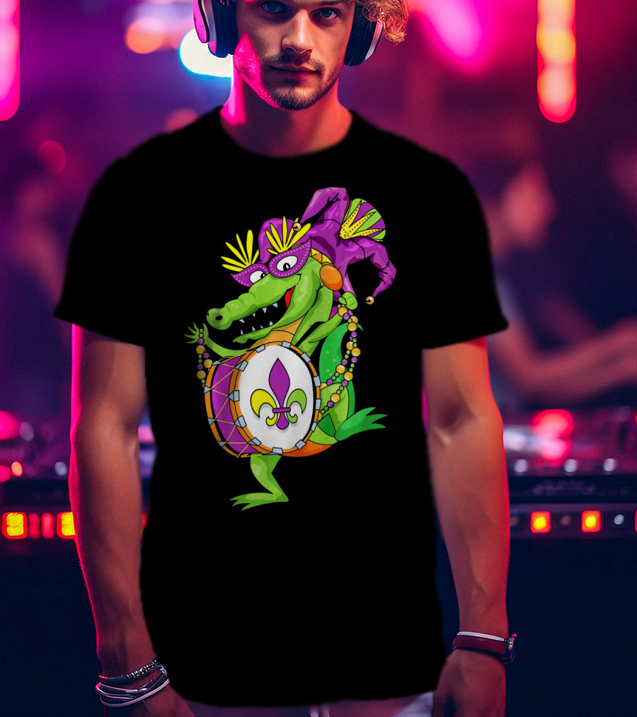 Cute Mardi Gras Alligator Jester Hat Drum Beads Fleur-de-Lis T-Shirt