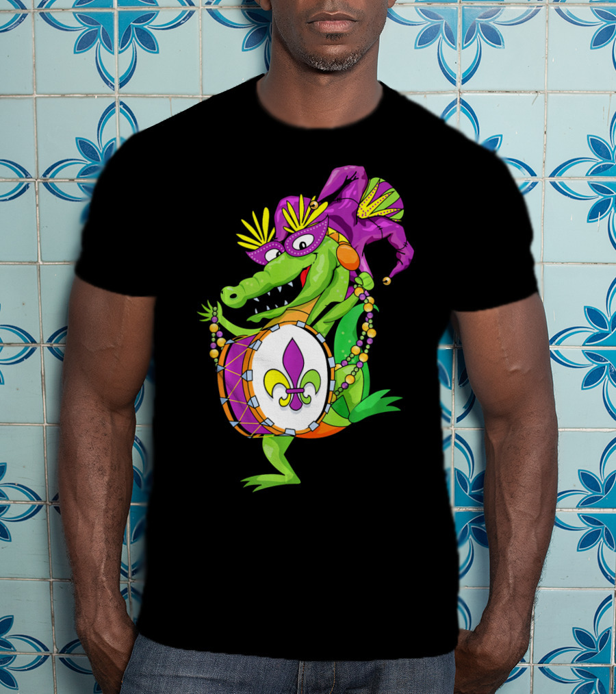 Cute Mardi Gras Alligator Jester Hat Drum Beads Fleur-de-Lis T-Shirt