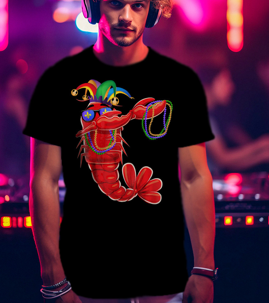 Mardi Gras Lobster Dabbing With Colorful Beads And Jester Hat T-Shirt