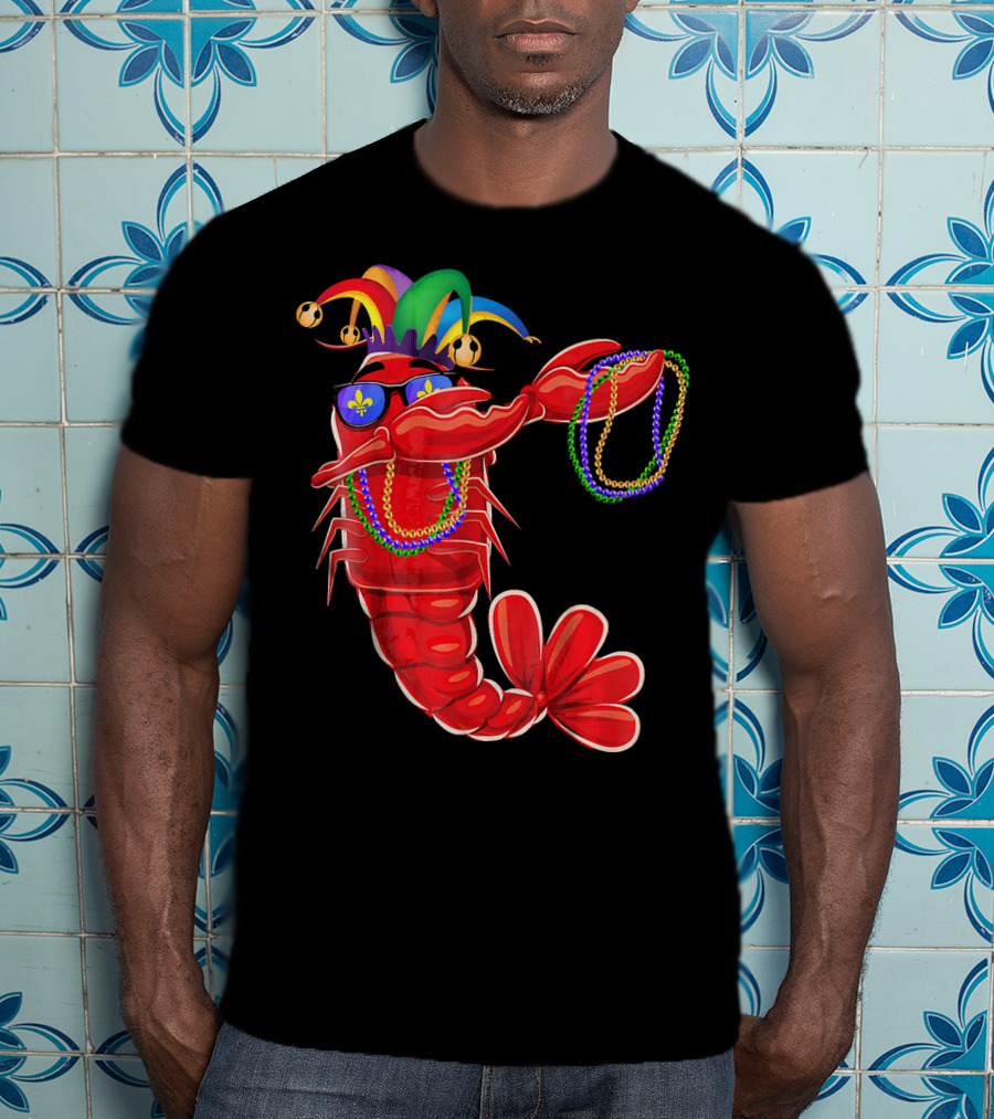 Mardi Gras Lobster Dabbing With Colorful Beads And Jester Hat T-Shirt