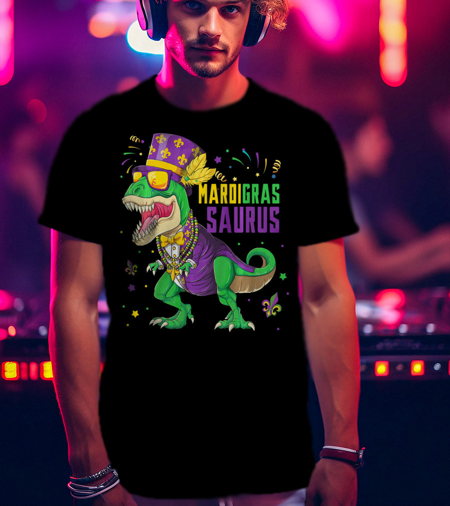 Mardi Gras Saurus T Rex Dinosaur Jester Kids T-Shirt