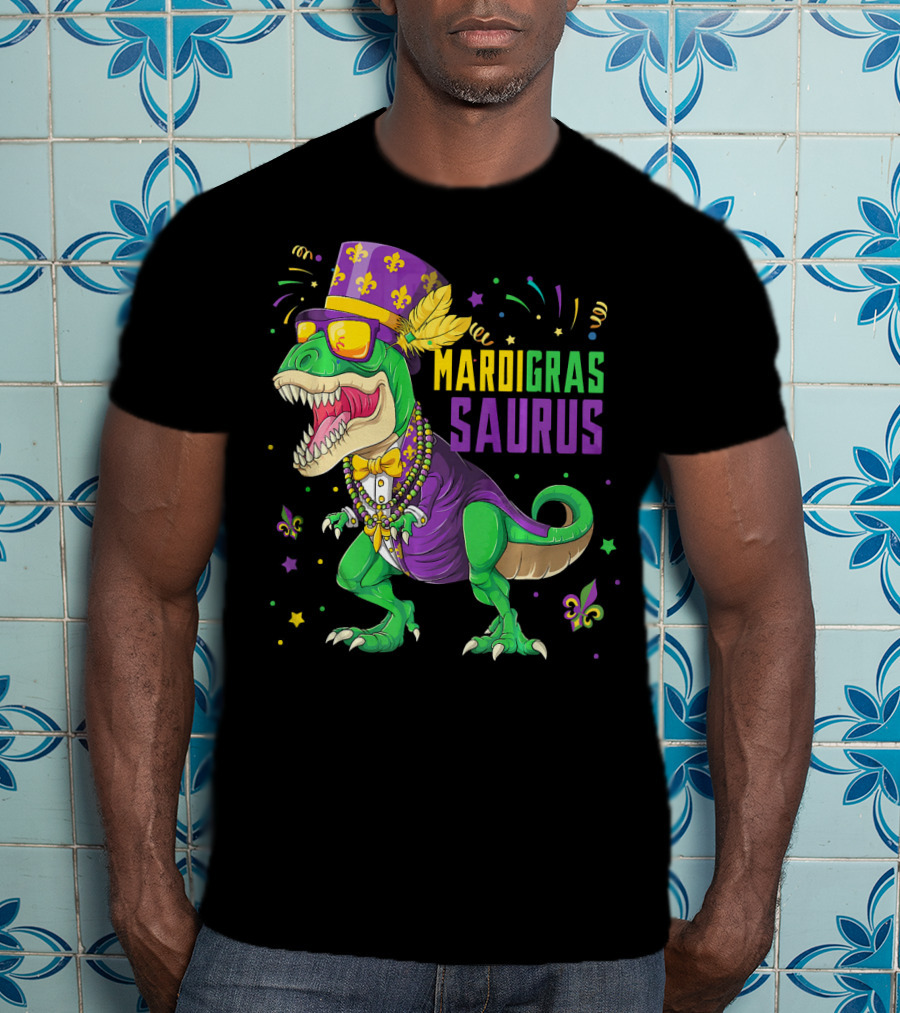 Mardi Gras Saurus T Rex Dinosaur Jester Kids T-Shirt