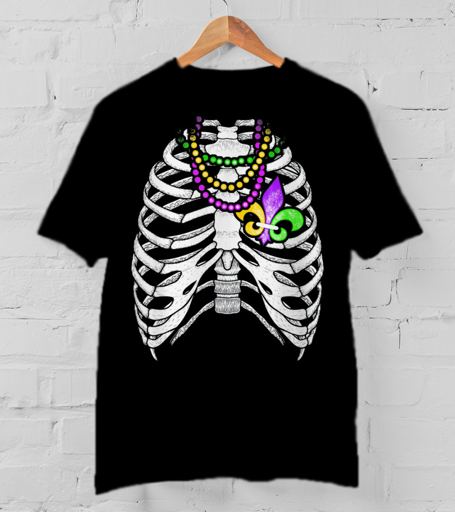 Mardi Gras Beads Skeleton Fleur De Lis Ribcage Heart T-Shirt
