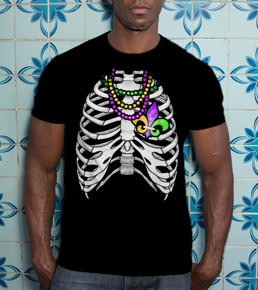 Mardi Gras Beads Skeleton Fleur De Lis Ribcage Heart T-Shirt