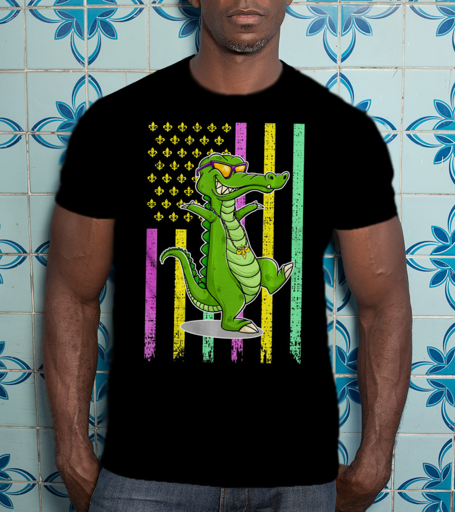 Mardi Gras Alligator With Sunglasses And Flag Background T-Shirt