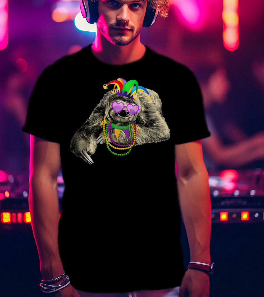 Funny Mardi Gras Jester Sloth With Beads And Mask T-Shirt