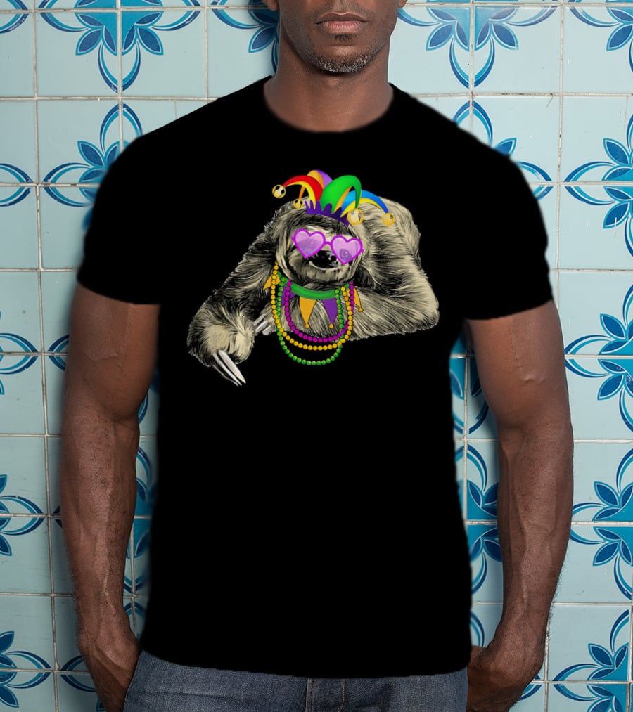 Funny Mardi Gras Jester Sloth With Beads And Mask T-Shirt