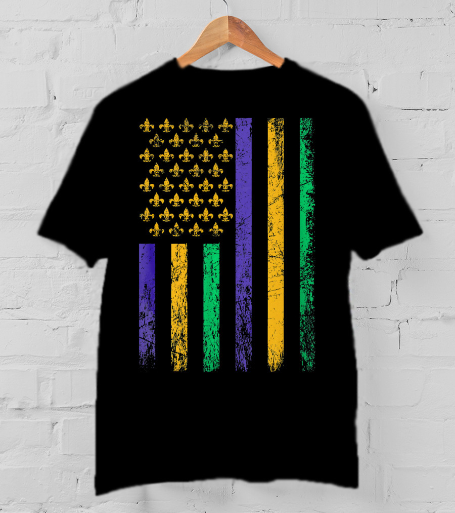 Vintage USA Flag Mardi Gras Fleur De Lis Stripes T-Shirt