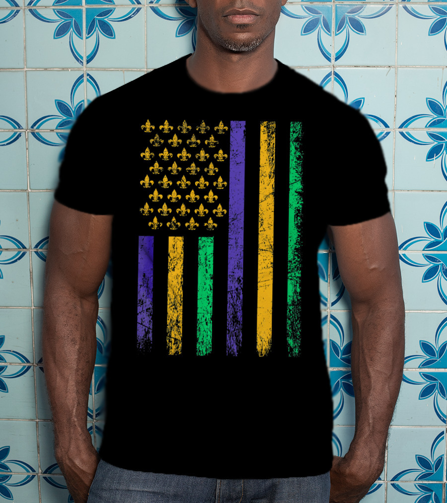 Vintage USA Flag Mardi Gras Fleur De Lis Stripes T-Shirt