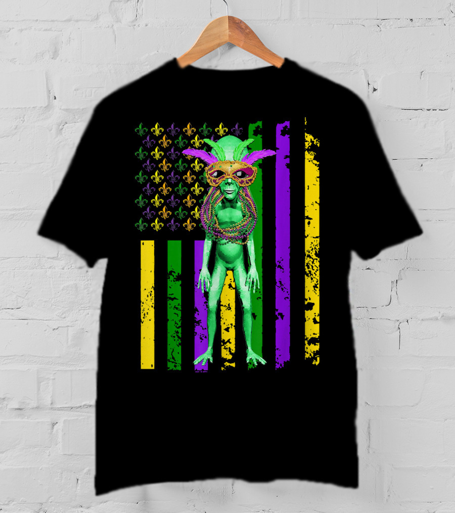 Mardi Gras Alien With Beads And Mask On American Flag T-Shirt