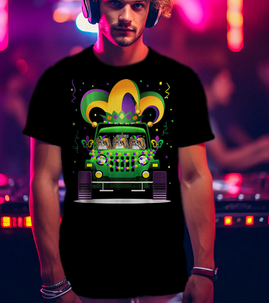 Papillon Dogs In Festive Mardi Gras Jeep Parade T-Shirt
