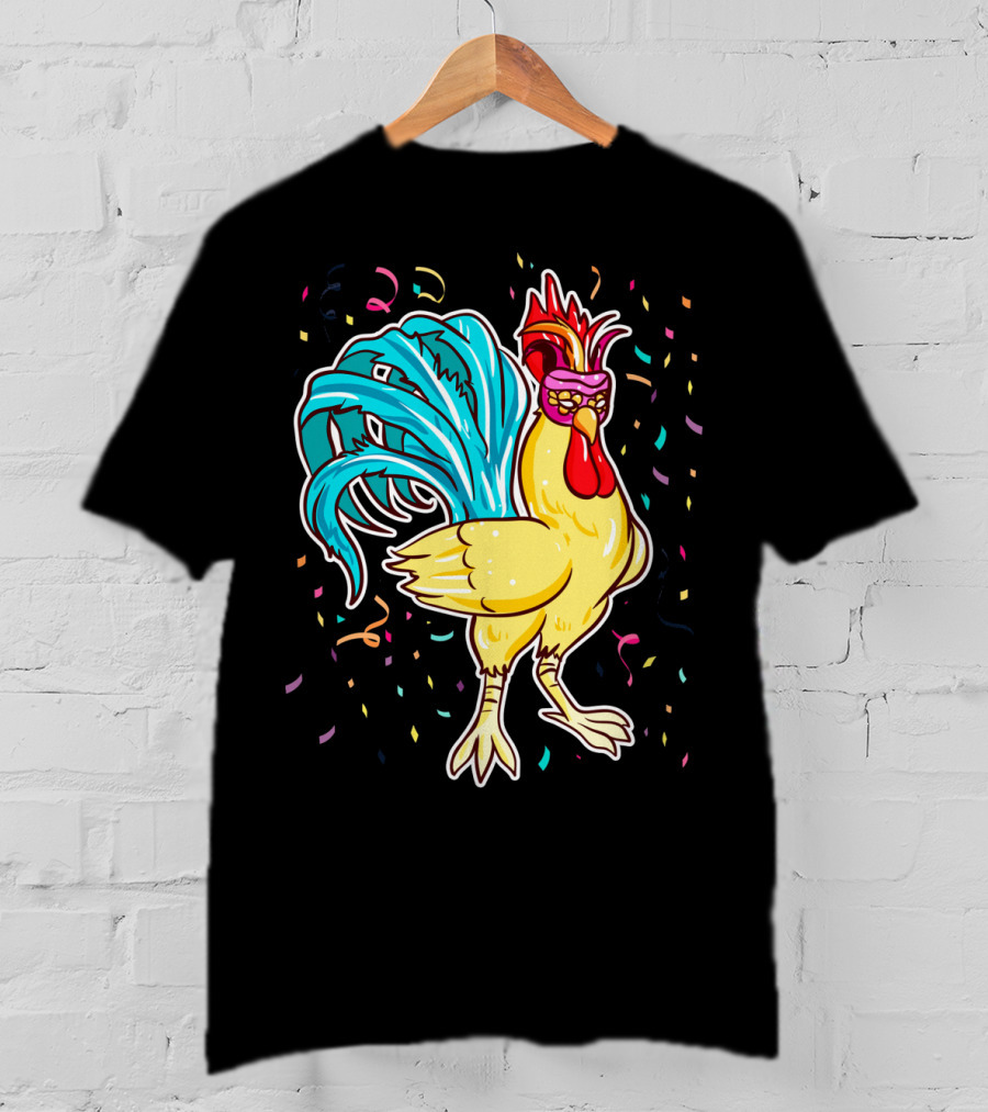 Chicken Mardi Gras Carnival Rooster With Colorful Feathers And Confetti T-Shirt