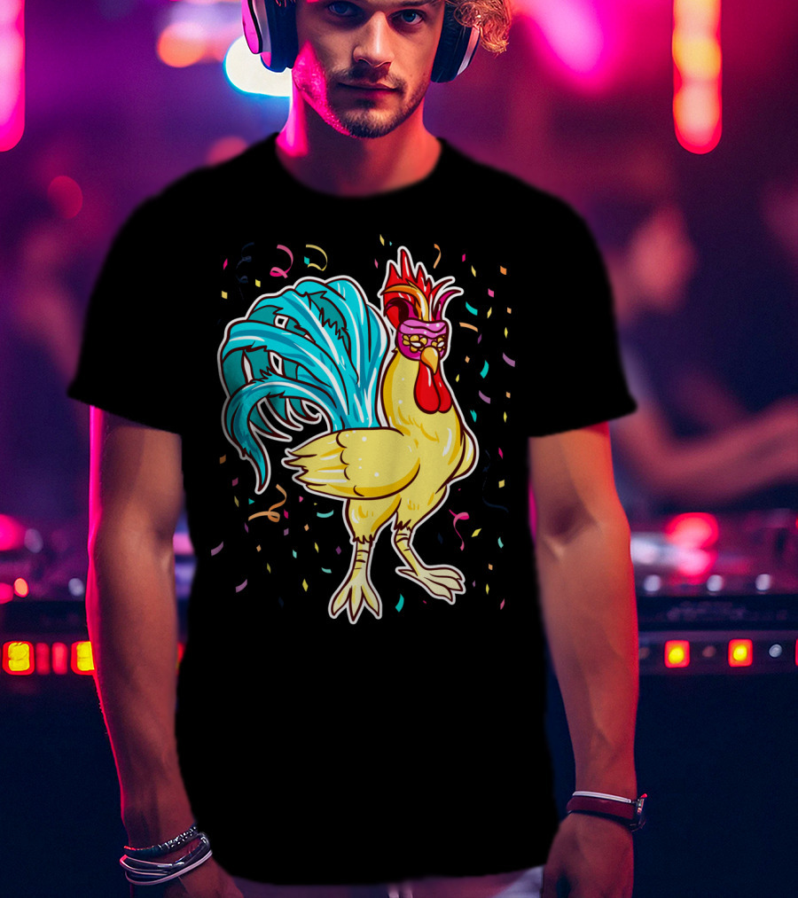 Chicken Mardi Gras Carnival Rooster With Colorful Feathers And Confetti T-Shirt