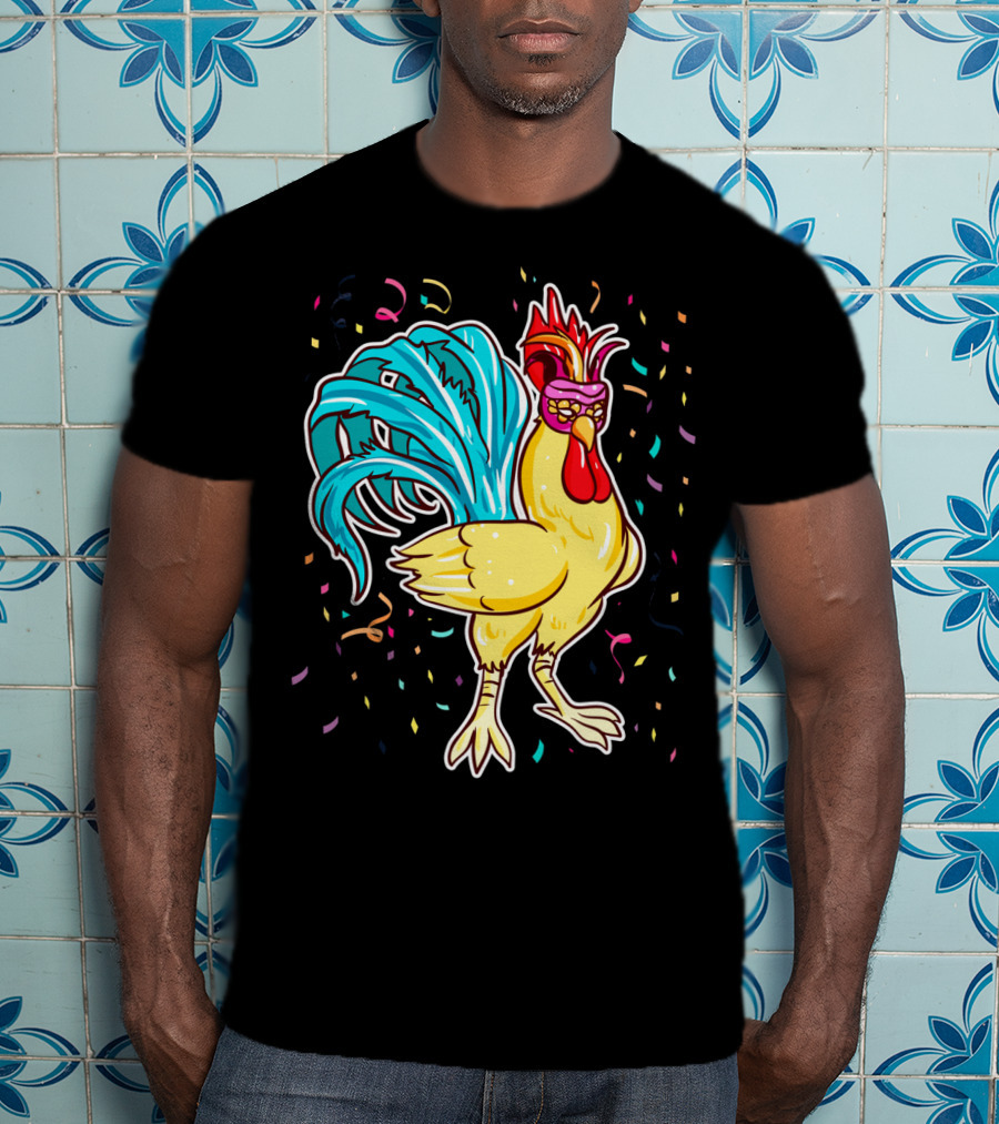 Chicken Mardi Gras Carnival Rooster With Colorful Feathers And Confetti T-Shirt