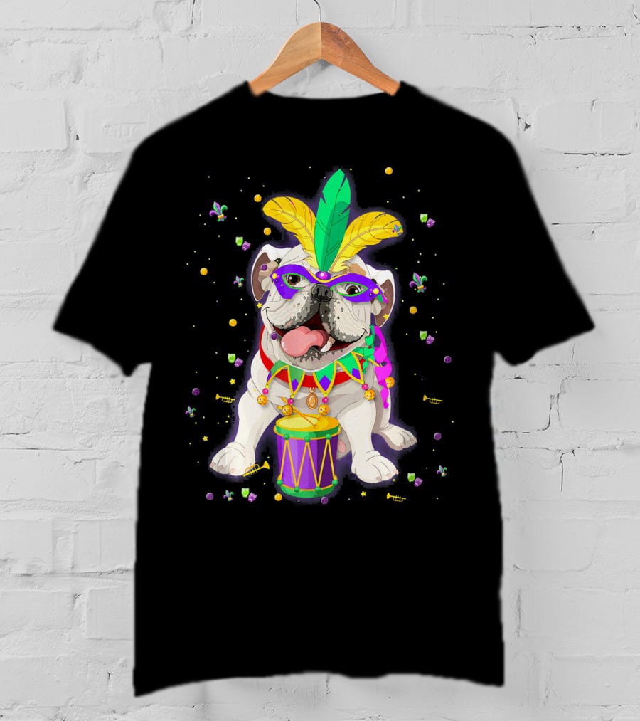 Mardi Gras Bulldog With Mask Beads And Drum T-Shirt