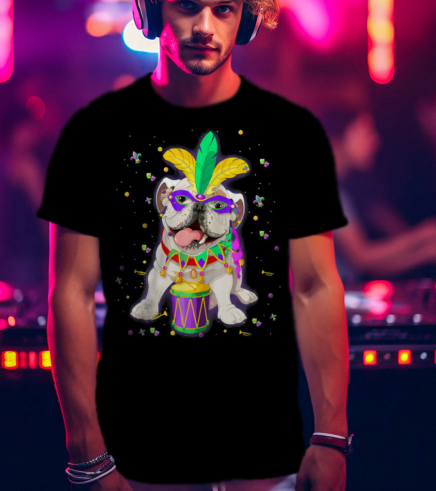 Mardi Gras Bulldog With Mask Beads And Drum T-Shirt
